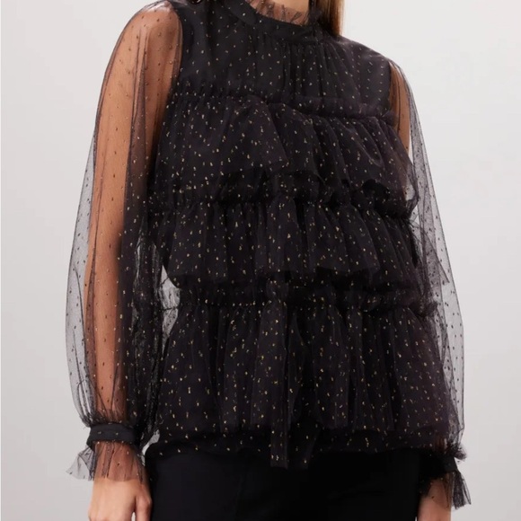 Adam Lippes Tops - Adam Lippes x RTR 
Sheer Ruffle Top Elegant Black Sheer Ruffle Top